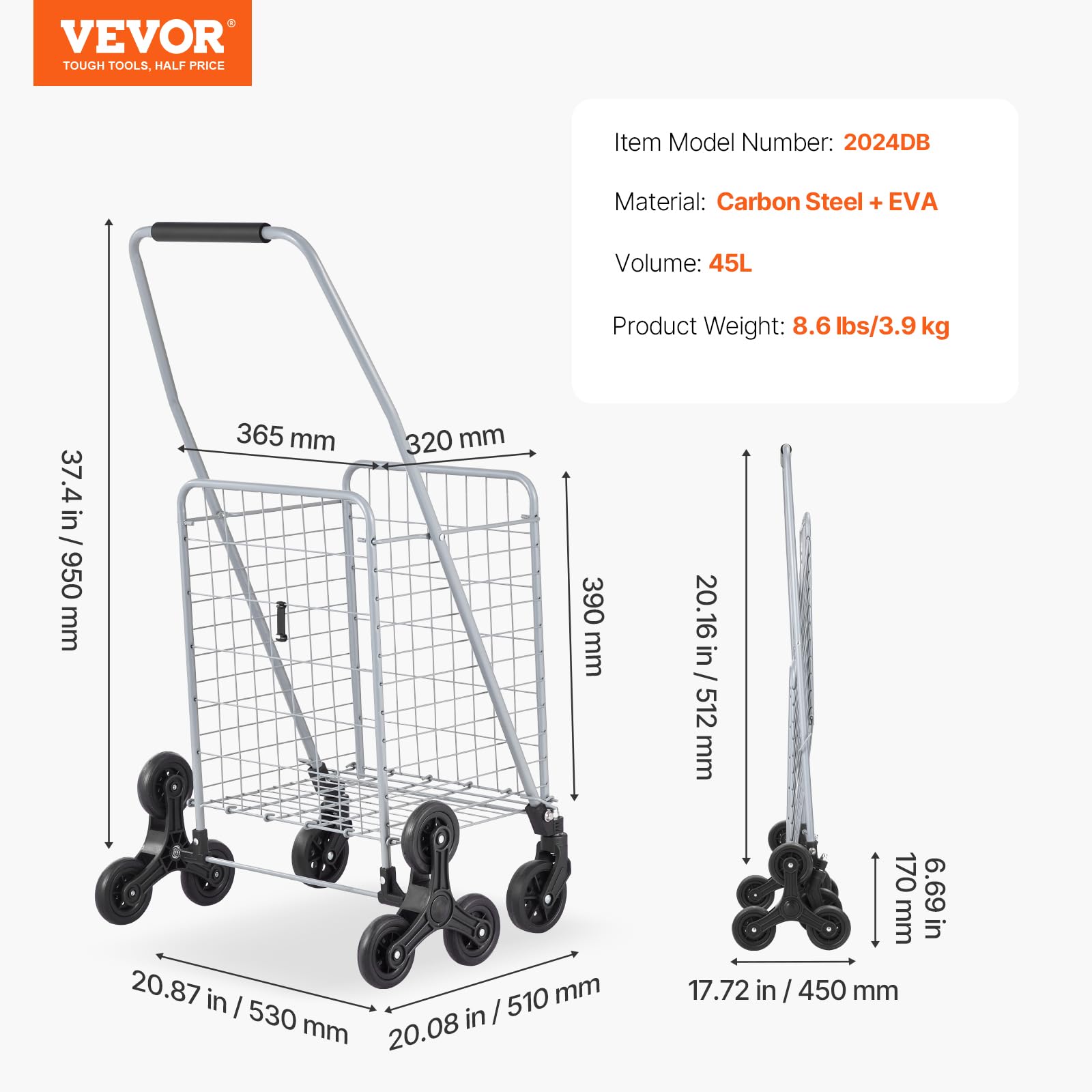 Foto 8 pulgar | Carrito De Compras Vevor 45l Para Subir Escaleras Con Ruedas Giratorias, Color Plateado - Venta Internacional.