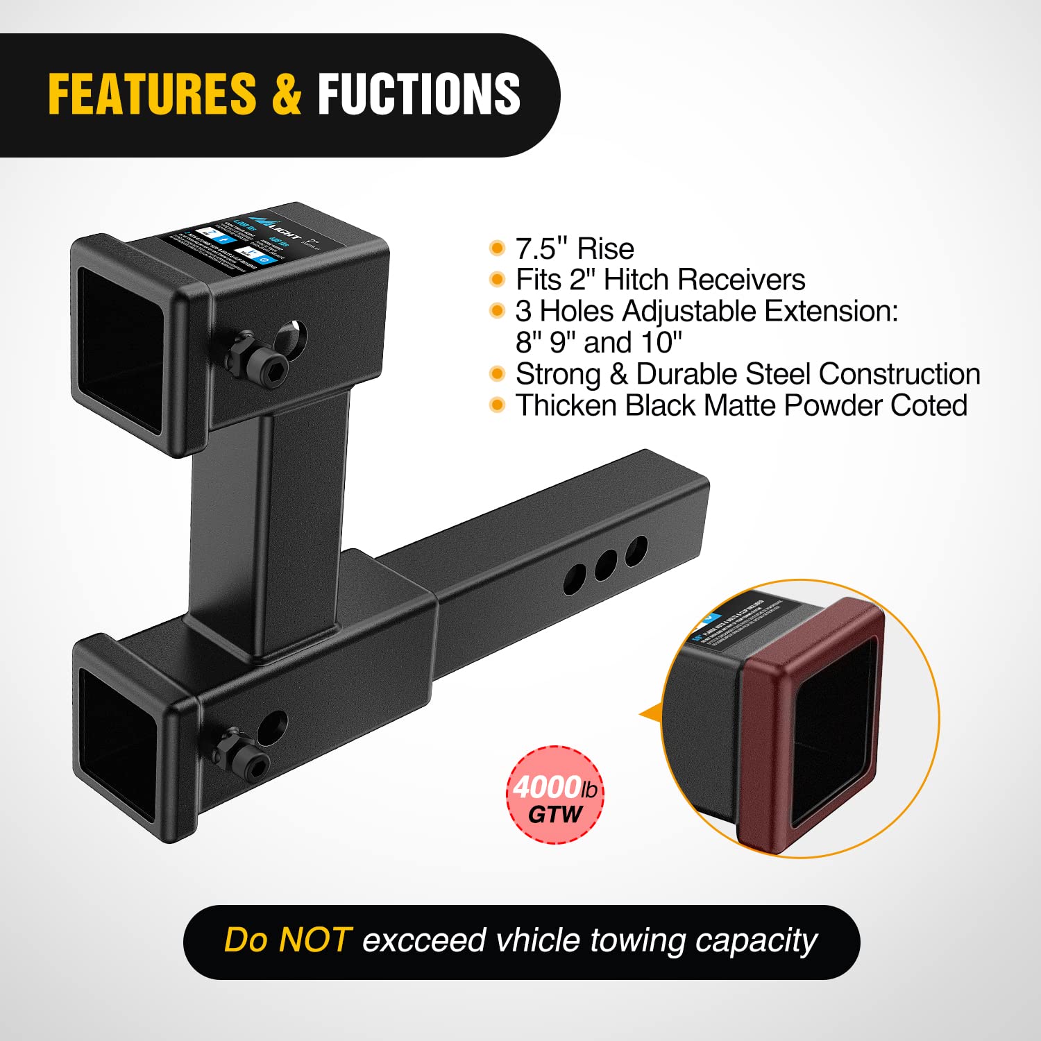 Foto 5 pulgar | Receptor Doble Hitch Extension Nilight De 2 Pulgadas, 25 Cm De Longitud Máxima - Venta Internacional.