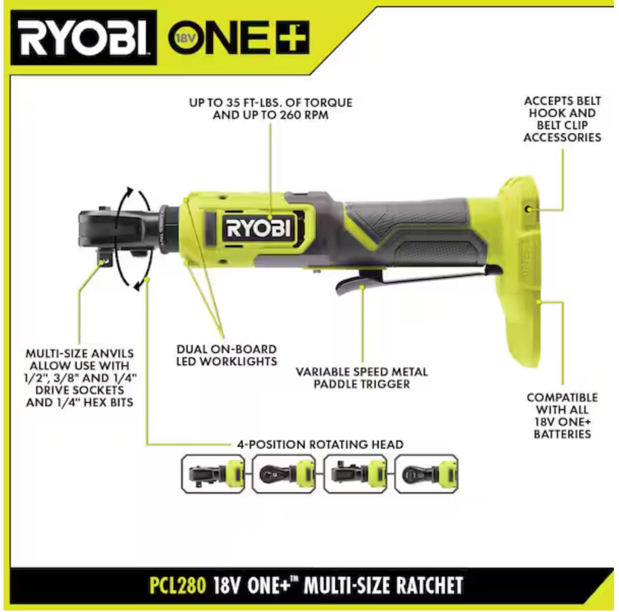 Foto 3 pulgar | Trinquete Inalámbrico Multitamaño Ryobi One+ 18 V Pcl280b - Venta Internacional