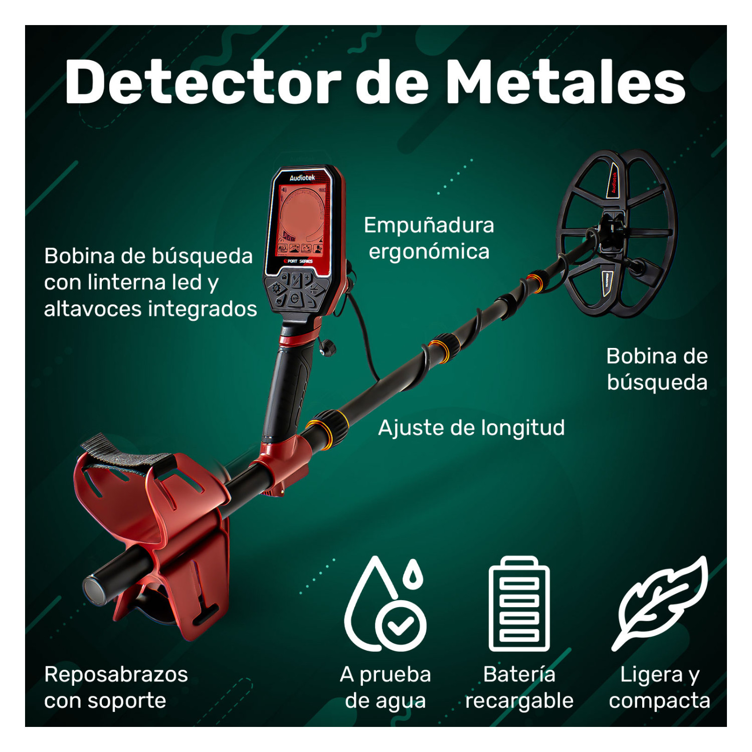 Foto 2 | Detector Metales 5m Sumergible 4 Modos Recargable Luz Led Audiotek