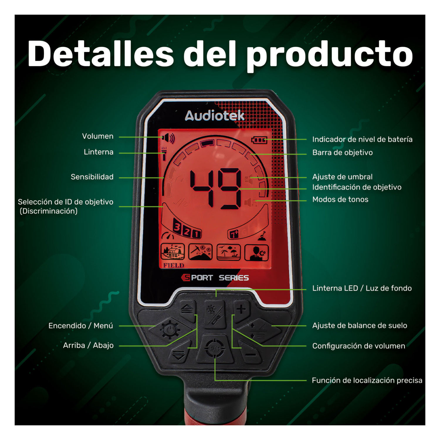 Foto 7 pulgar | Detector Metales 5m Sumergible 4 Modos Recargable Luz Led Audiotek