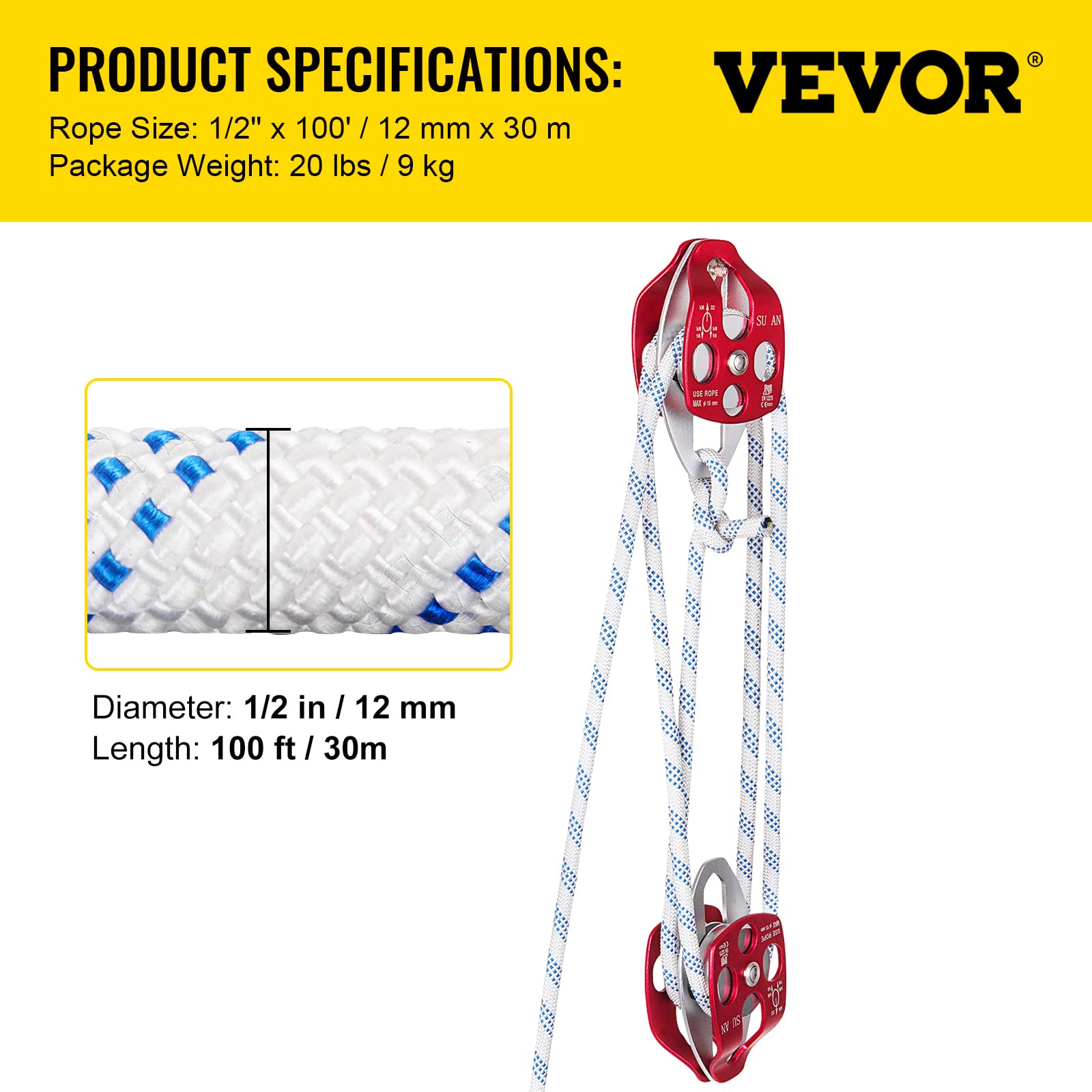 Foto 8 pulgar | Polea Doble Vevor Block And Tackle De 12 Mm X 30 M Con 30-35 Kn - Venta Internacional.