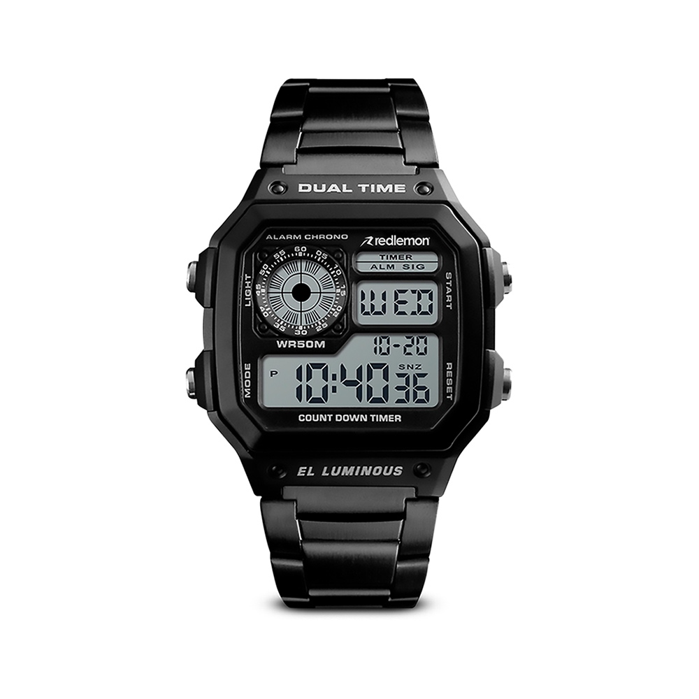 Reloj Clásico Digital Correa Metálica Contra Agua Alarma Redlemon 1335 color Negro