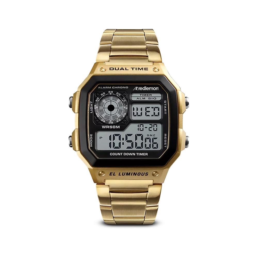 Reloj Clásico Digital Correa Metálica Contra Agua Alarma Redlemon 1335 color Dorado