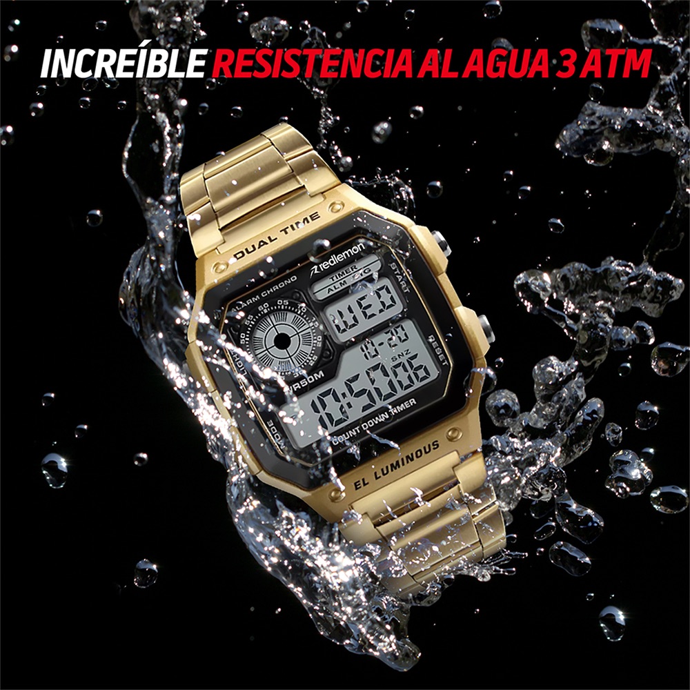 Foto 4 pulgar | Reloj Clásico Digital Correa Metálica Contra Agua Alarma Redlemon 1335 color Dorado