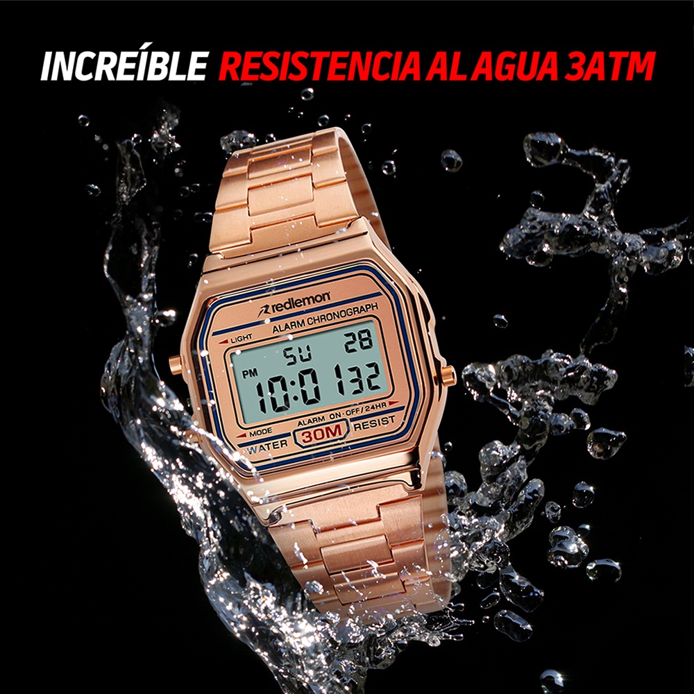 Foto 4 pulgar | Reloj Redlemon Clásico Digital Correa Metálica Contra Agua Alarma 1123 color Rosa