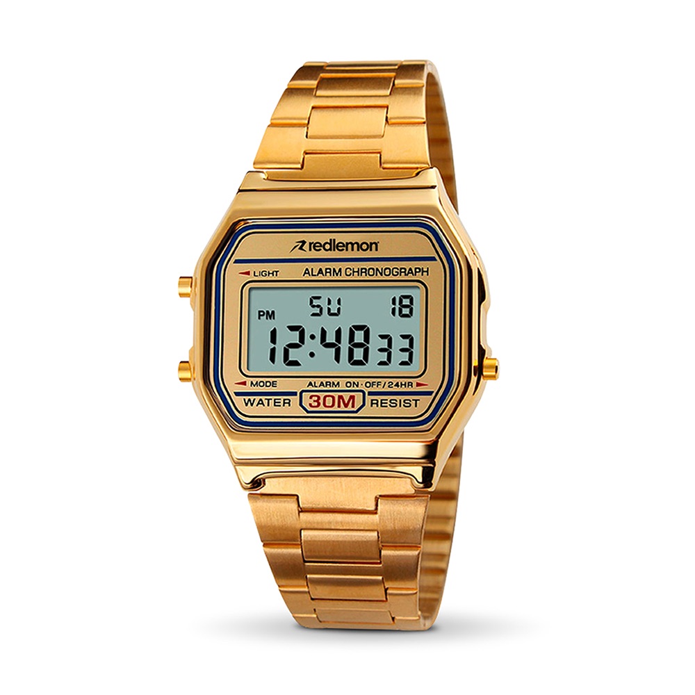 Reloj Clásico Digital Correa Metálica Contra Agua Alarma 1123 color Dorado