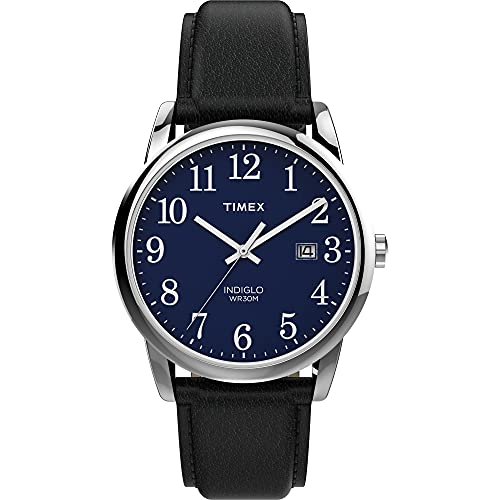 Venta International - Timex Men's Easy Reader 38 Mm Reloj - Case De Tonos Plateados Dial Azul Con Correa De Cuero Negro