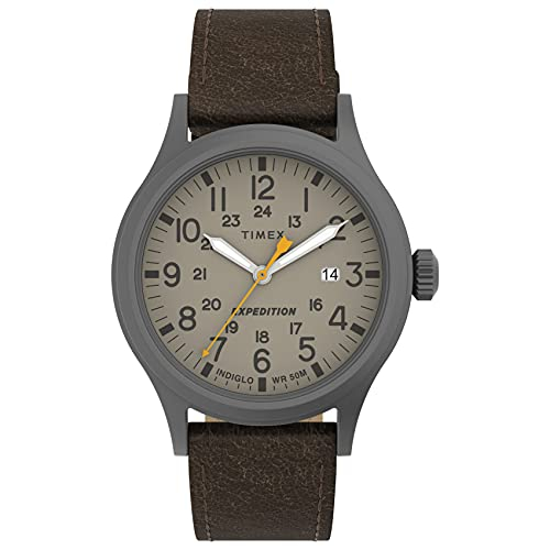 Venta International - Timex Expedition Scout Scout 40 Mm Reloj - Gunmetal Case Caki Dial Con Correa De Cuero Marrón Osc