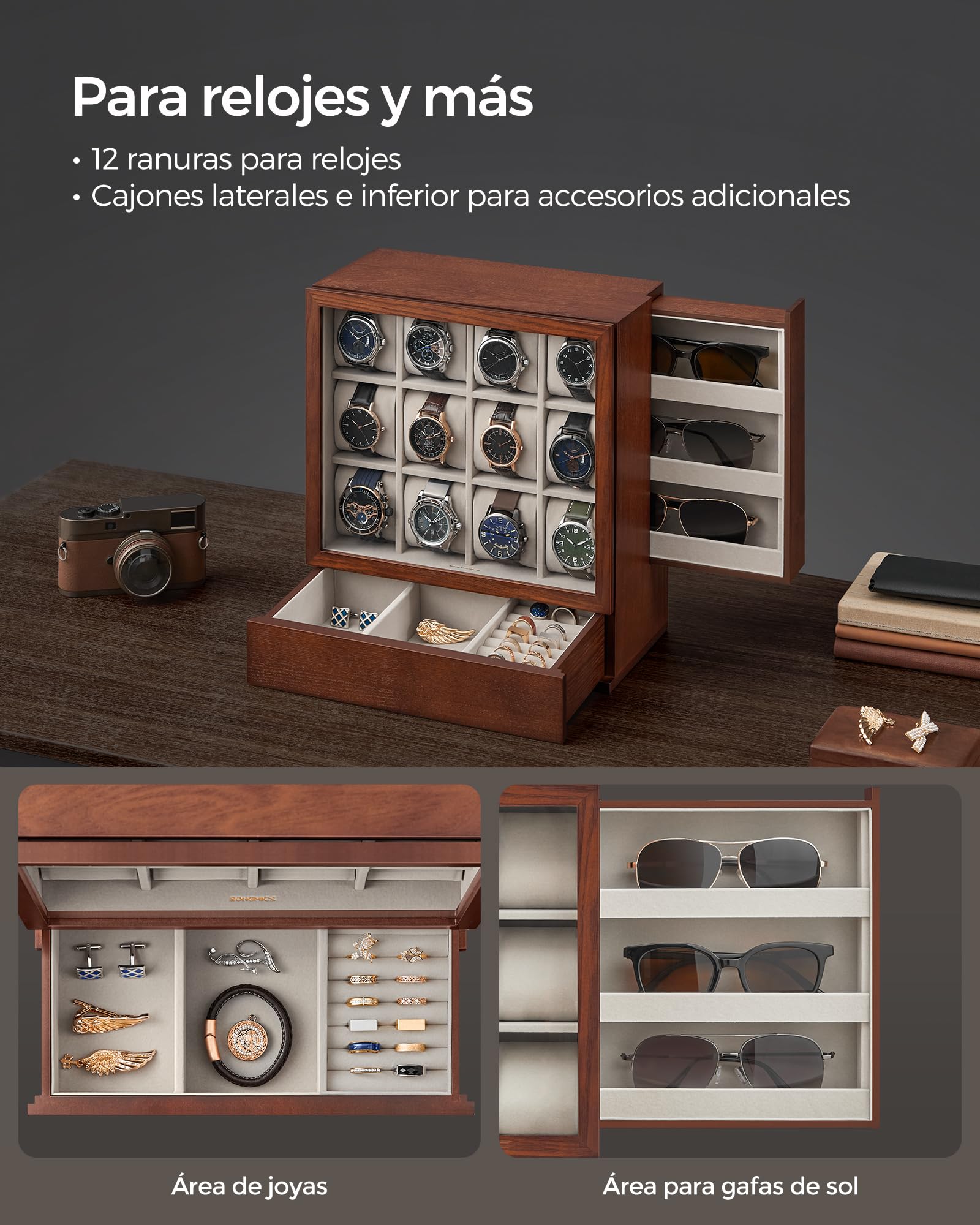 Foto 3 | Estuche para Relojes Songmics de Madera con 12 Compartimentos