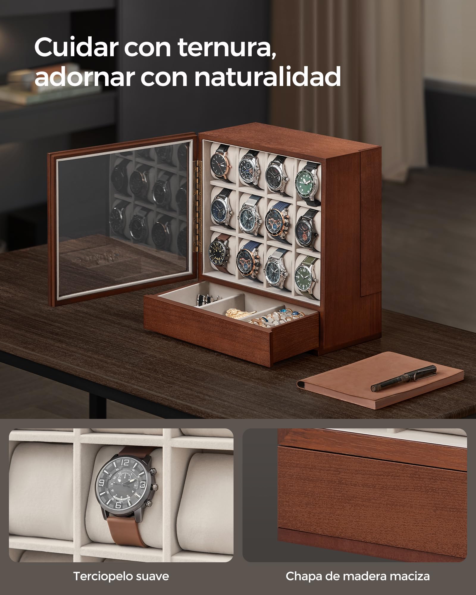 Foto 4 | Estuche para Relojes Songmics de Madera con 12 Compartimentos