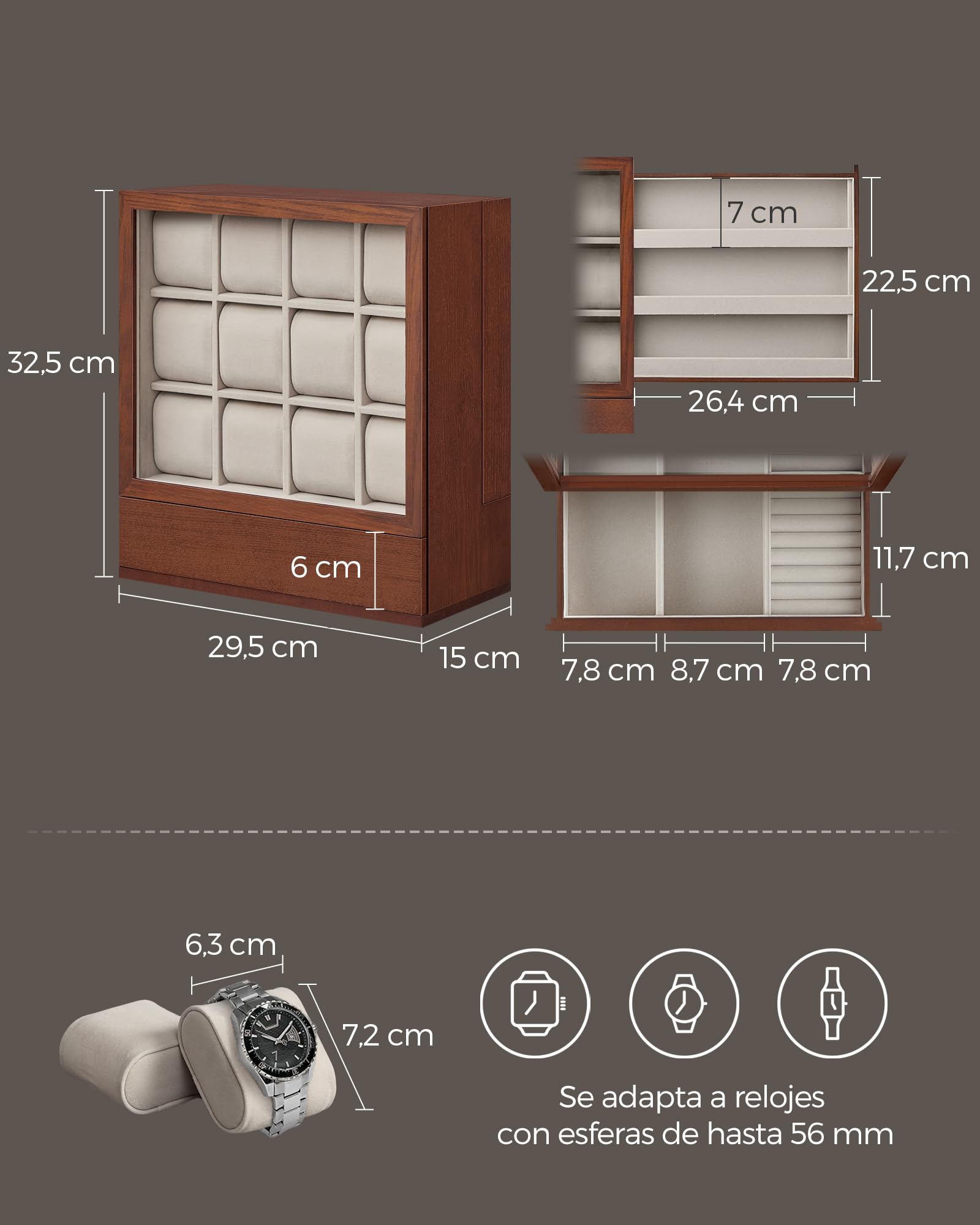 Foto 5 | Estuche para Relojes Songmics de Madera con 12 Compartimentos