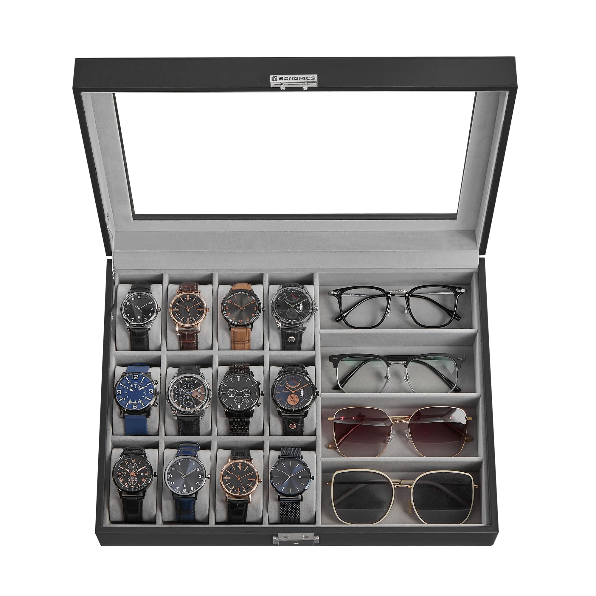 Foto 2 pulgar | Watch Box Songmics De 16 Ranuras Con Cierre Con Tapa De Cristal Y Tinta Negra - Venta Internacional.