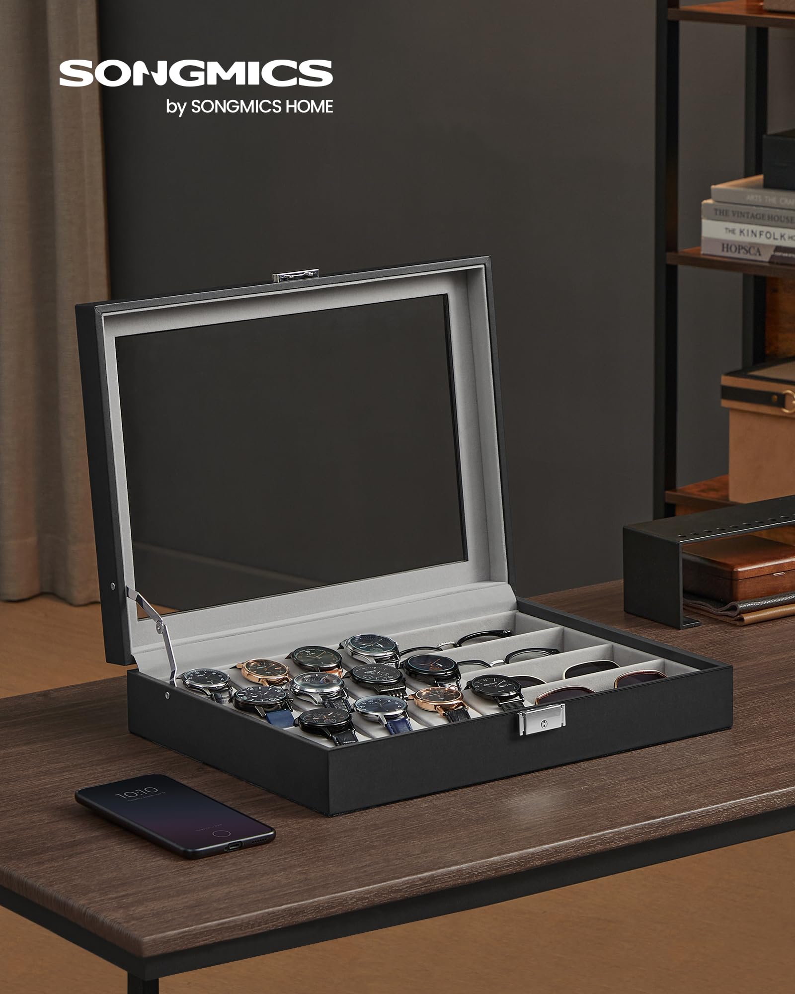 Foto 3 pulgar | Watch Box Songmics De 16 Ranuras Con Cierre Con Tapa De Cristal Y Tinta Negra - Venta Internacional.