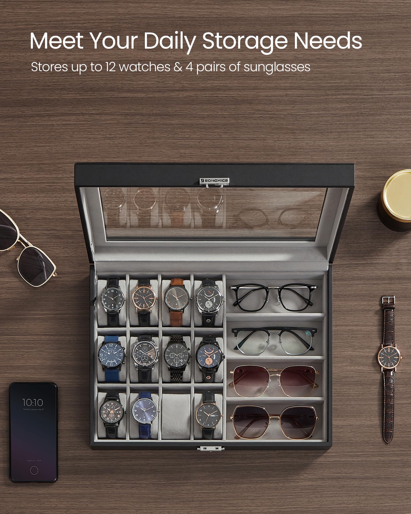 Foto 4 pulgar | Watch Box Songmics De 16 Ranuras Con Cierre Con Tapa De Cristal Y Tinta Negra - Venta Internacional.