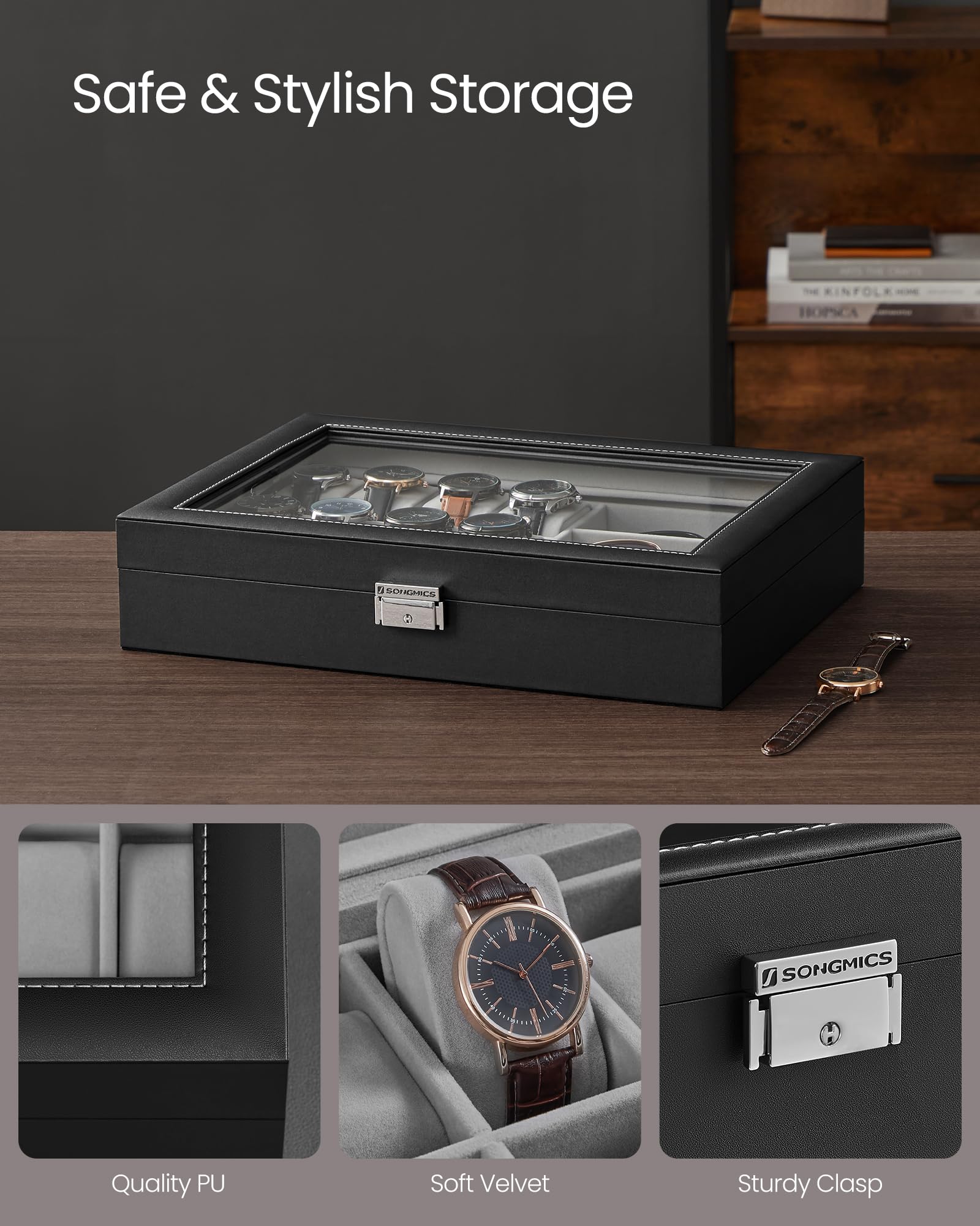Foto 5 pulgar | Watch Box Songmics De 16 Ranuras Con Cierre Con Tapa De Cristal Y Tinta Negra - Venta Internacional.
