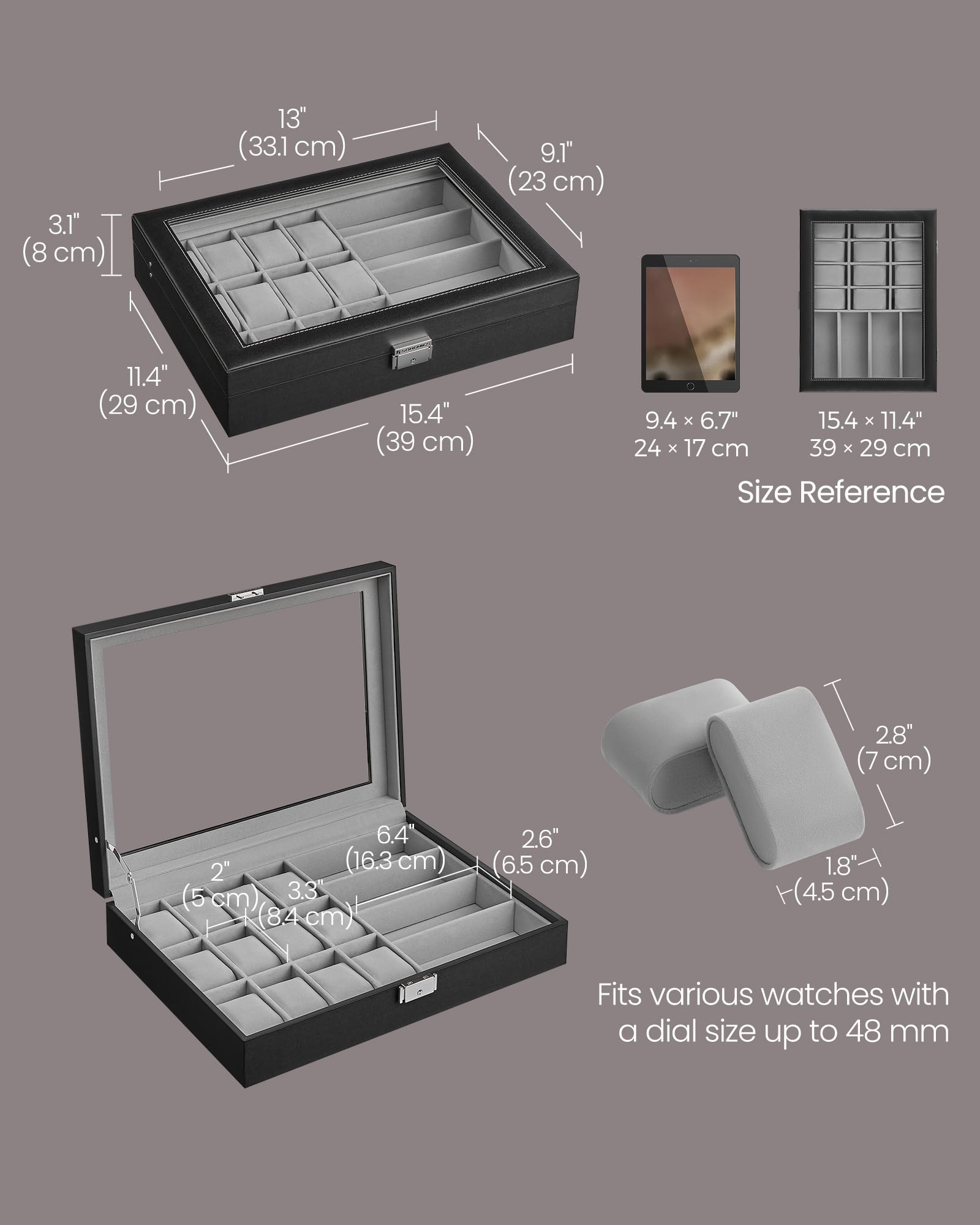 Foto 6 pulgar | Watch Box Songmics De 16 Ranuras Con Cierre Con Tapa De Cristal Y Tinta Negra - Venta Internacional.