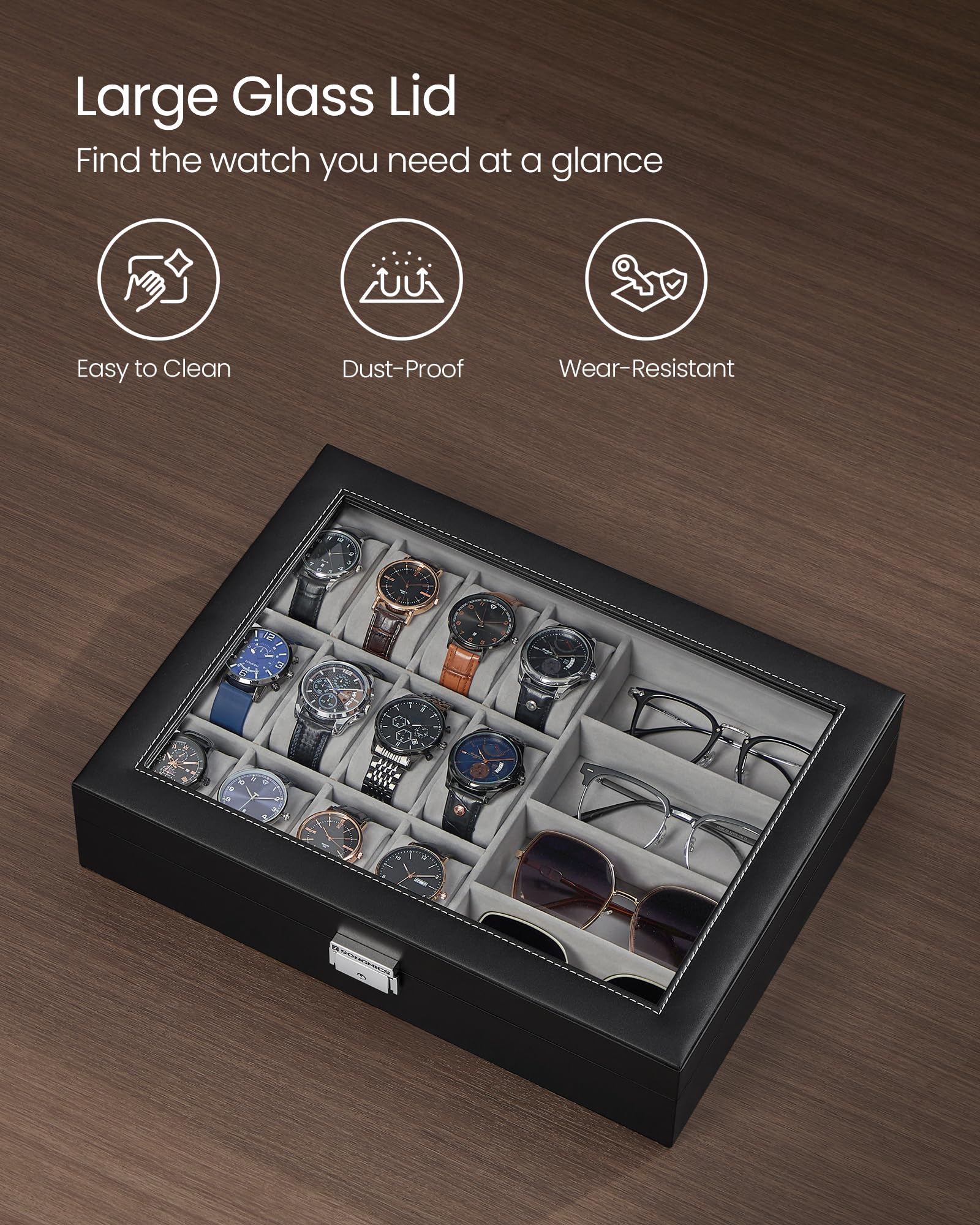 Foto 7 pulgar | Watch Box Songmics De 16 Ranuras Con Cierre Con Tapa De Cristal Y Tinta Negra - Venta Internacional.