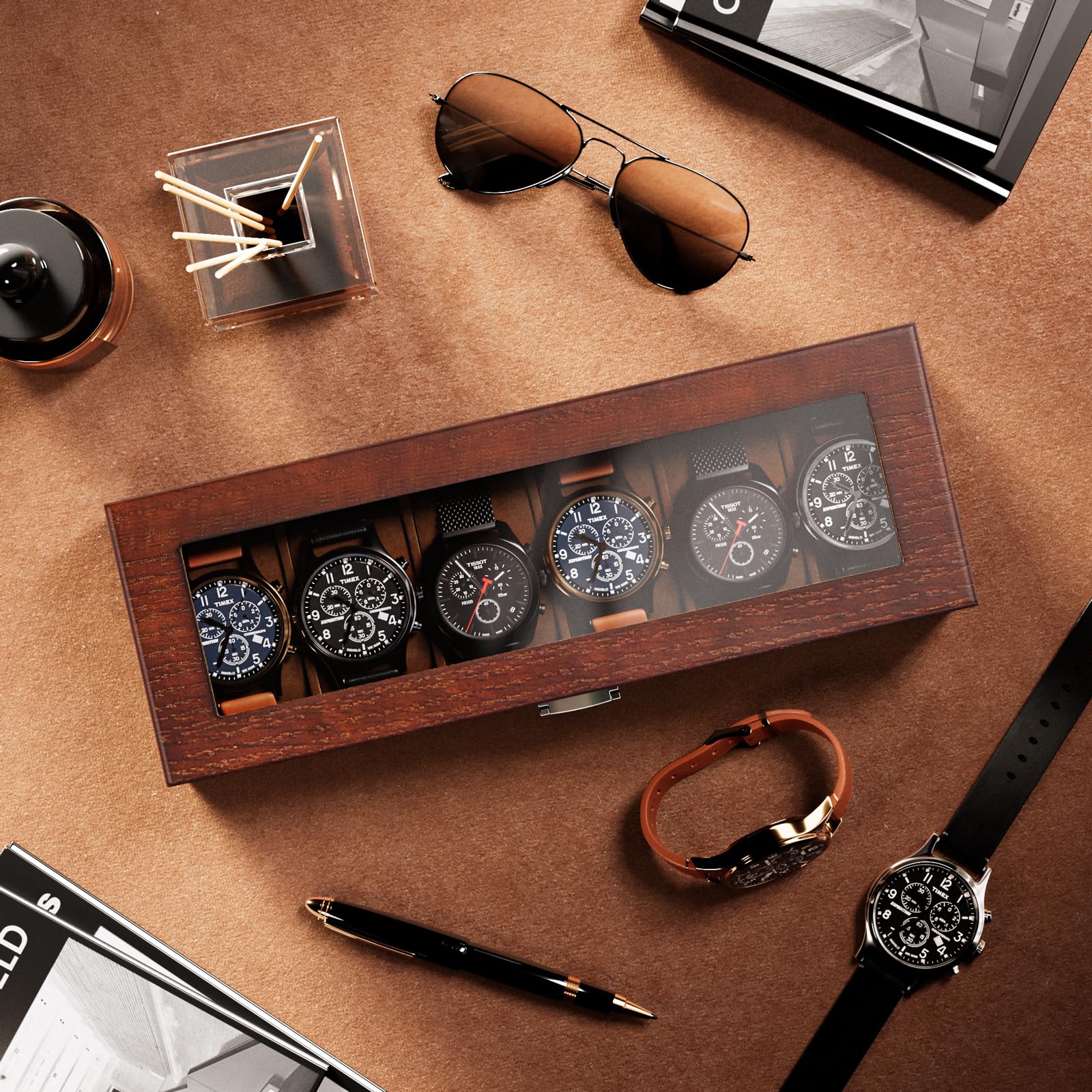 Foto 4 pulgar | Watch Box Procase De Madera Con 6 Ranuras Para Hombre Con Tapa De Cristal, Color Espresso - Venta Internacional.