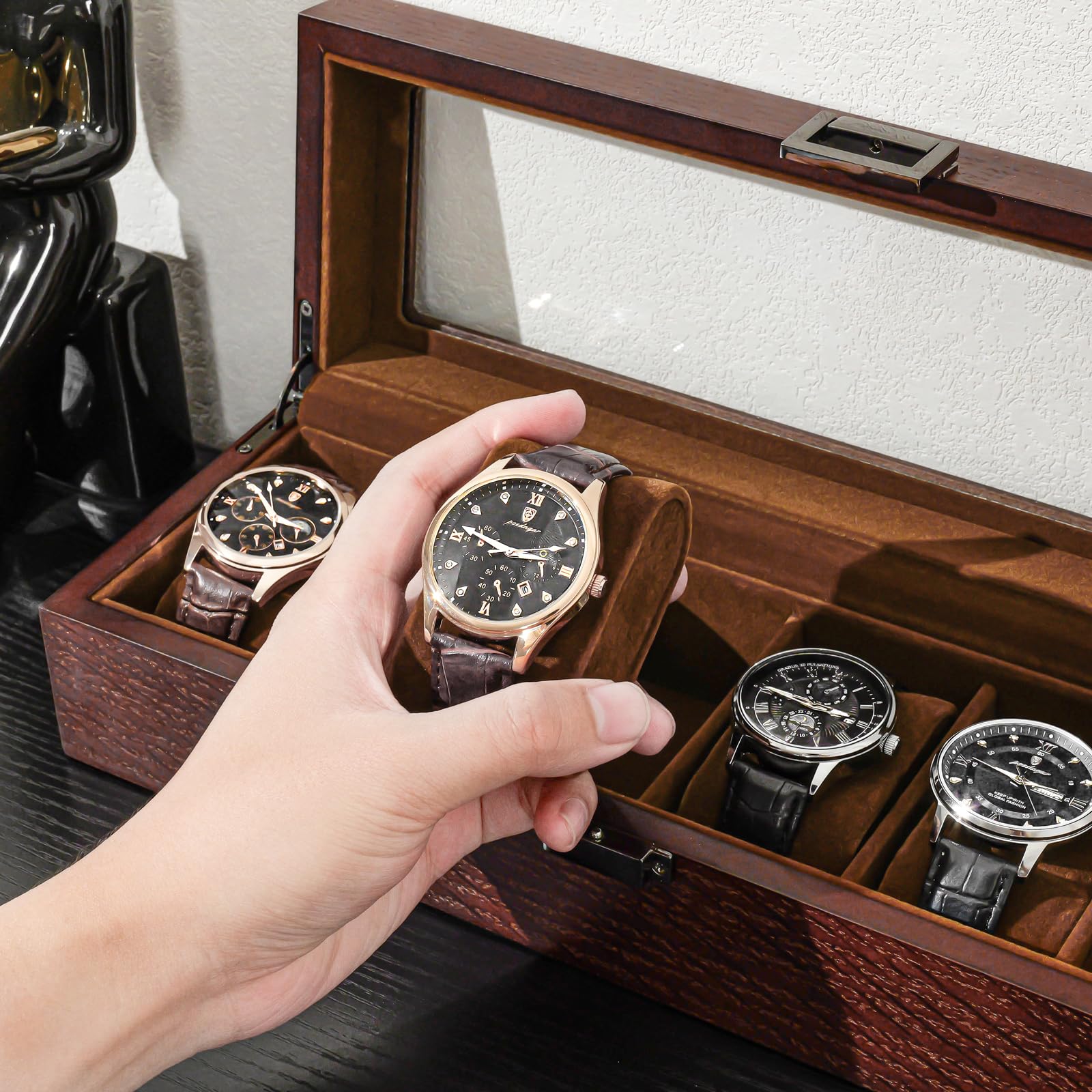 Foto 5 pulgar | Watch Box Procase De Madera Con 6 Ranuras Para Hombre Con Tapa De Cristal, Color Espresso - Venta Internacional.