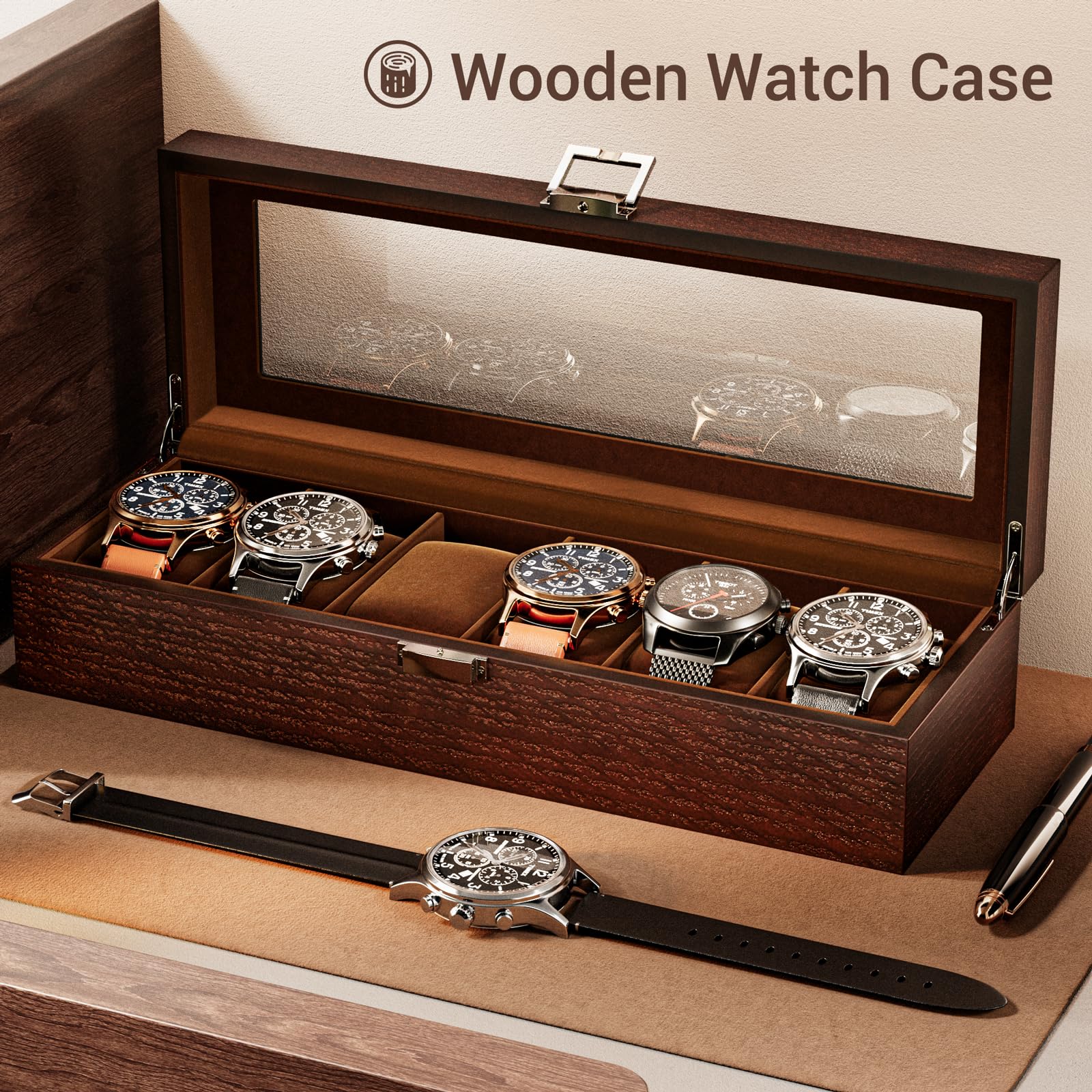 Foto 7 pulgar | Watch Box Procase De Madera Con 6 Ranuras Para Hombre Con Tapa De Cristal, Color Espresso - Venta Internacional.