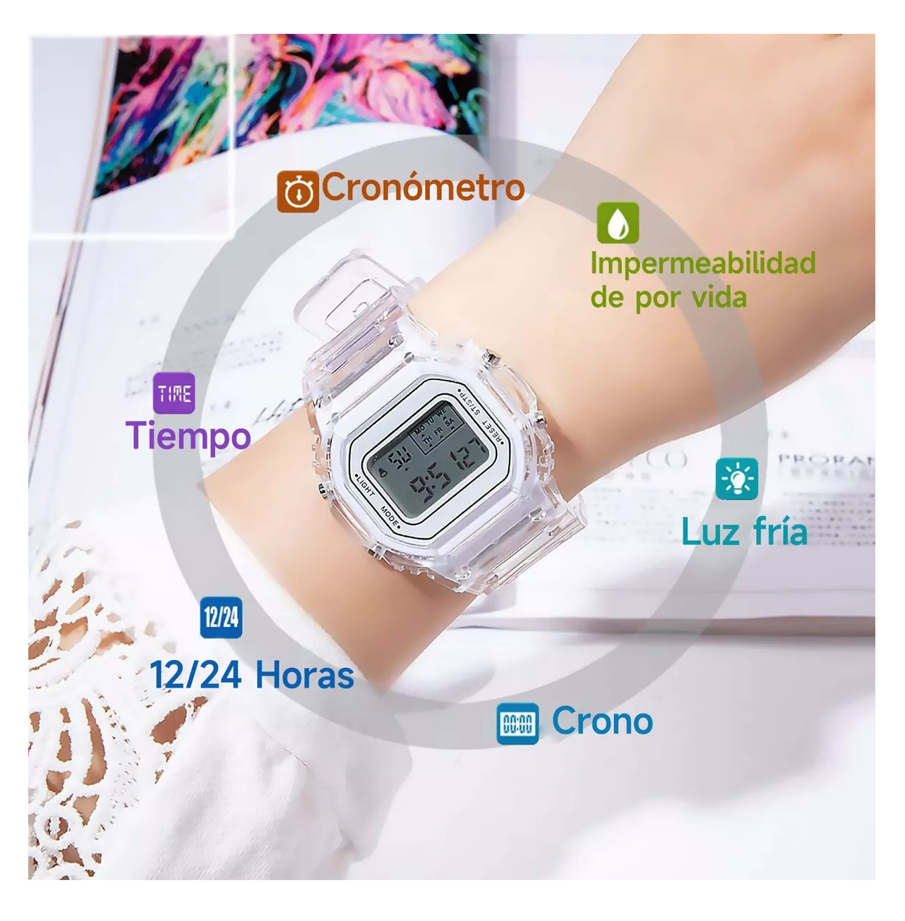 Foto 2 | Reloj Deportivo Digital Mujer Y Hombre Reloj Digital 2 Pzs Blanco Con Transparente