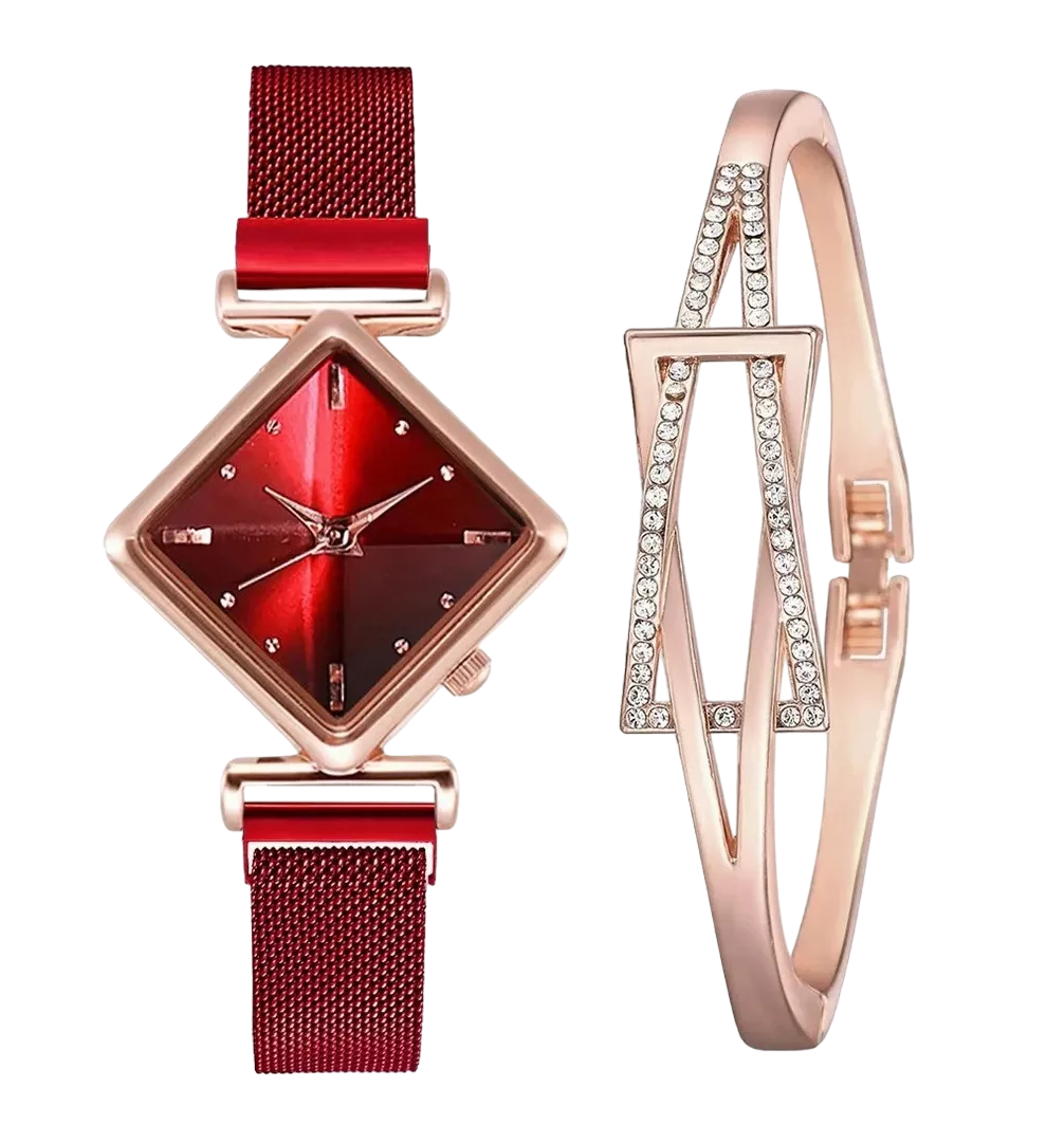 Pulsera De Reloj Con Rombos Reloj Rojo Pulcera Oro Rosa