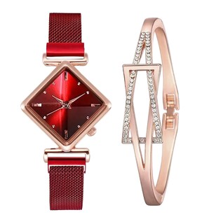 Foto 1 | Pulsera De Reloj Con Rombos Reloj Rojo Pulcera Oro Rosa