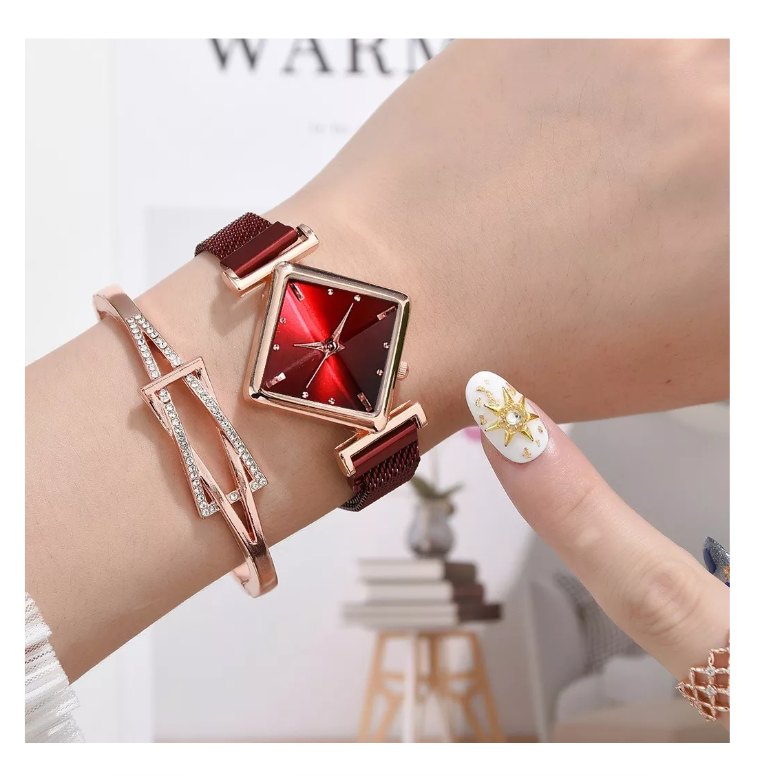 Foto 2 | Pulsera De Reloj Con Rombos Reloj Rojo Pulcera Oro Rosa