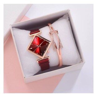 Foto 3 | Pulsera De Reloj Con Rombos Reloj Rojo Pulcera Oro Rosa