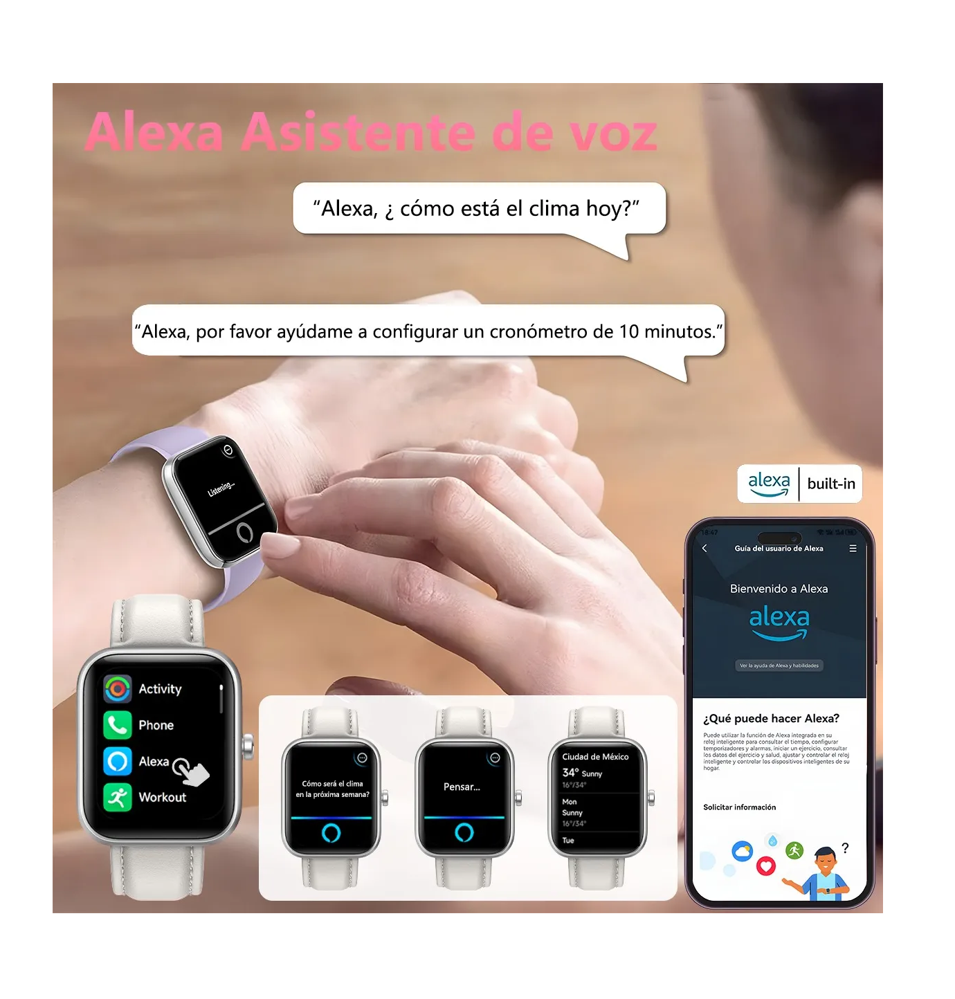Foto 4 pulgar | Reloj Smartwatch Reloj Inteligente Bluetooth Llamada Alexa Plata