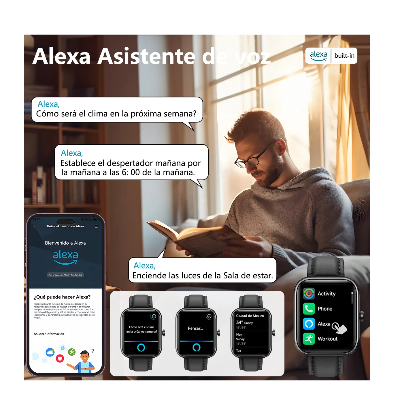 Foto 3 | Reloj Smartwatch Reloj Inteligente Bluetooth Llamada Alexa Negro