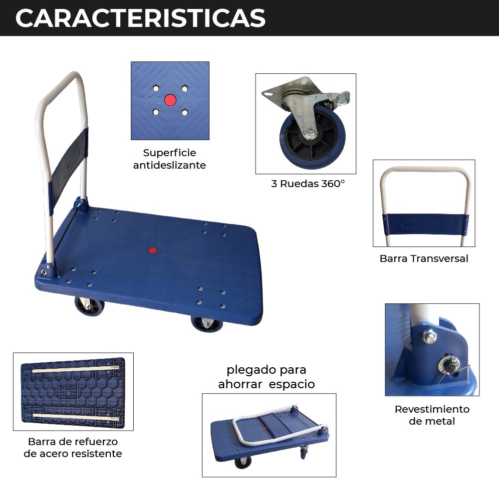 Foto 4 | Chic-fantasy Carro Plataforma De Carga Plegable Carrito De Carga Manual Con 3 Ruedas 360° Freno Y 2 Fijas Uso Rudo