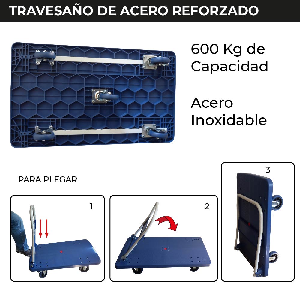 Foto 5 | Chic-fantasy Carro Plataforma De Carga Plegable Carrito De Carga Manual Con 3 Ruedas 360° Freno Y 2 Fijas Uso Rudo