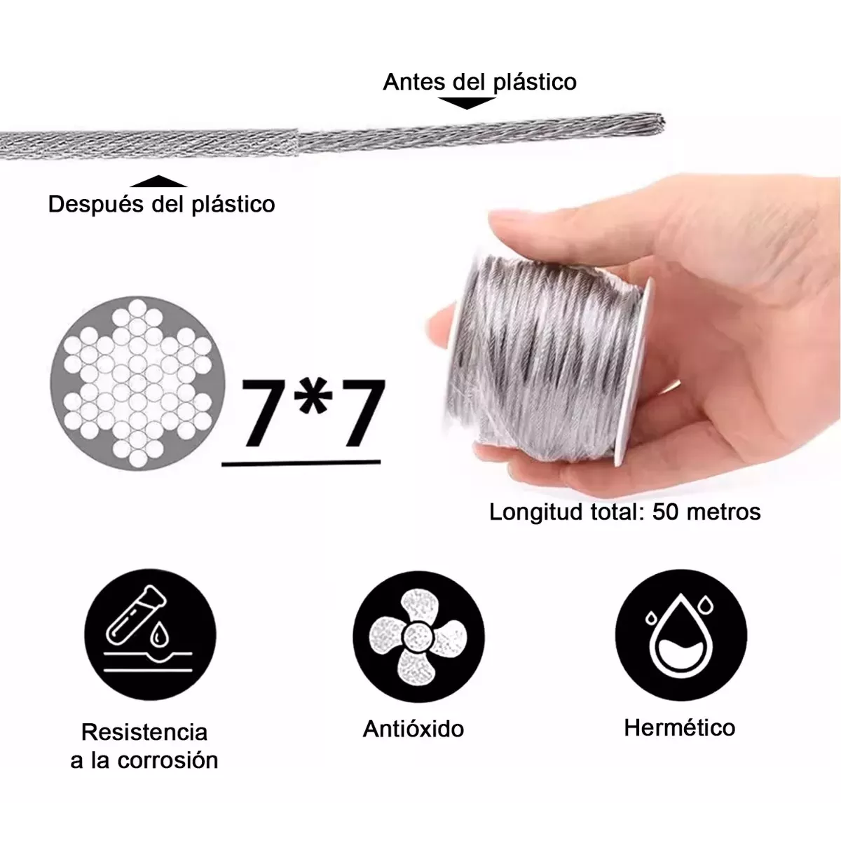 Foto 3 | Kit De Cable Tensor De Acero 50m Eo Safe Imports Esi-17135 Plata