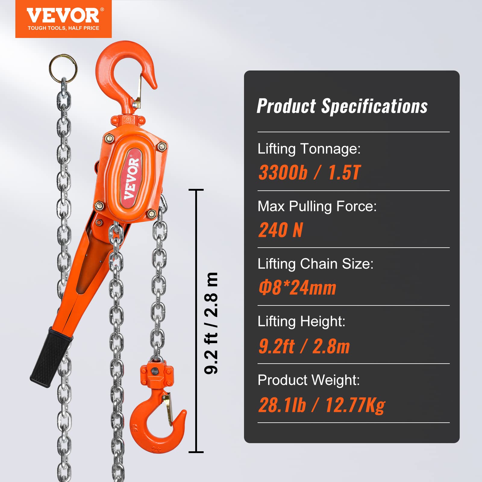 Foto 7 | Elevador Manual De Cadena Con Palanca Vevor 1.5t, 3300 Libras, Capacidad De 3 M - Venta Internacional.