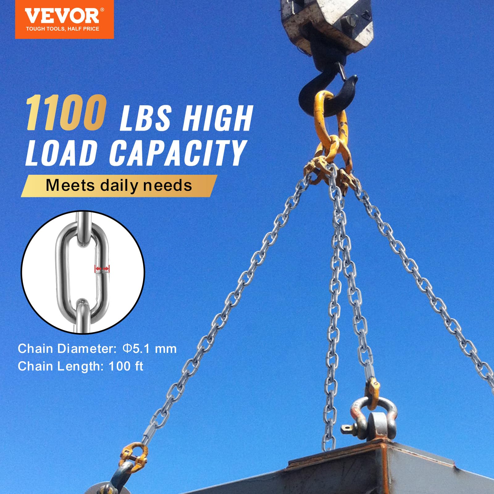 Foto 2 | Cadena Vevor Grade 30 3/16 Pulgadas X 100 Pies Chapada En Zinc - Venta Internacional.
