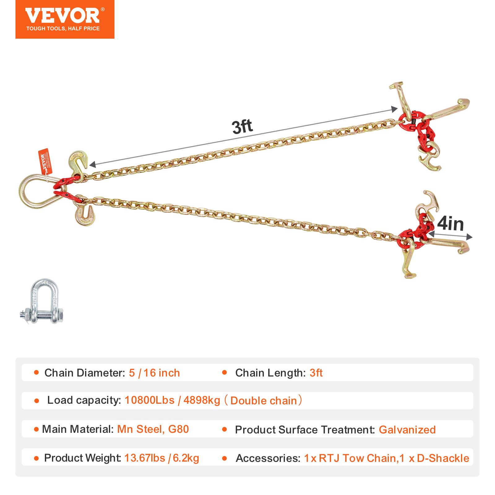 Foto 8 pulgar | Brida De Remolque Vevor G80 V, 5/16 X 90 Cm Con Ganchos, 10800 Libras - Venta Internacional.