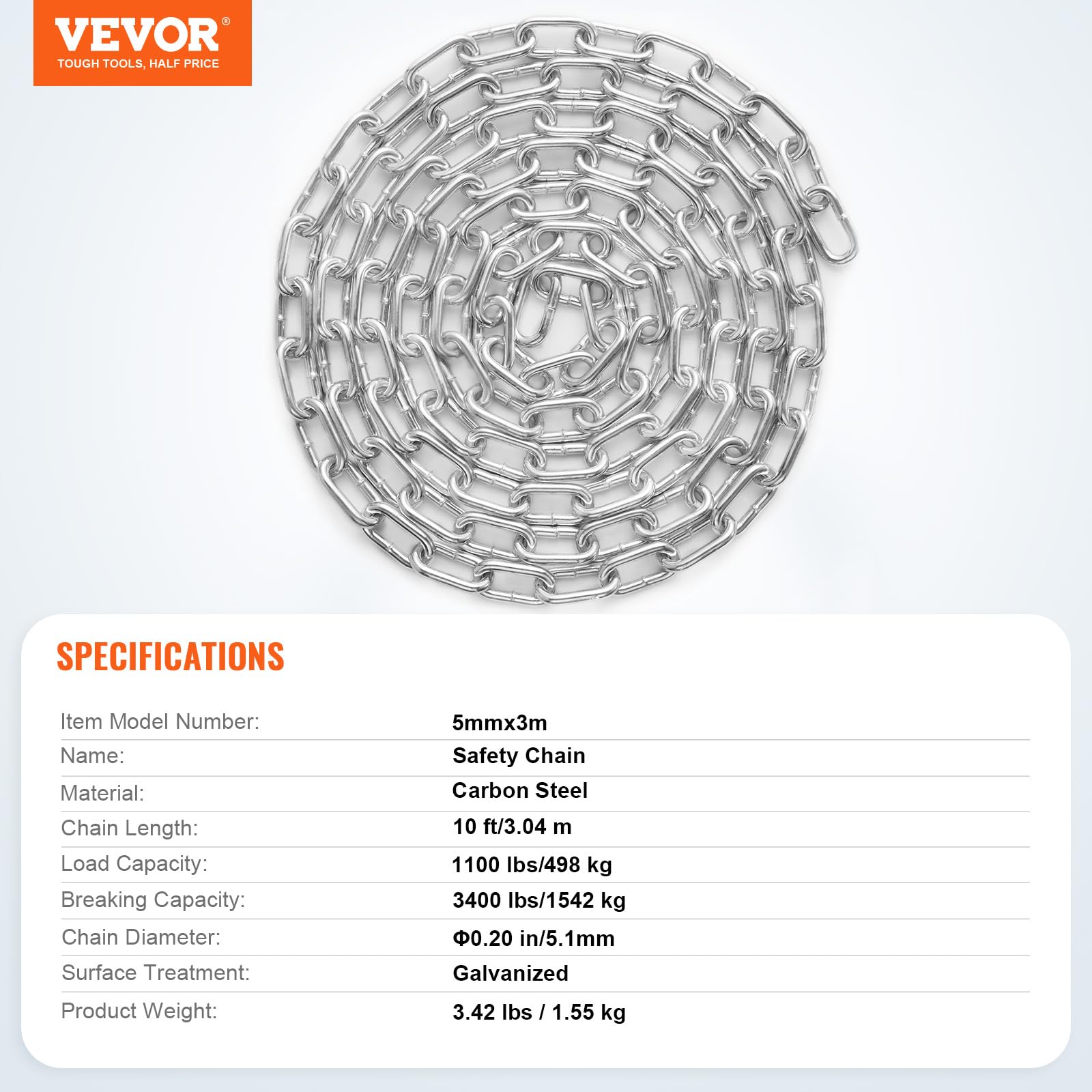 Foto 8 pulgar | Bobina Chain Vevor Proof, 3/16 X 10 Pies (3,5 M), 500 Kg De Carga, Chapada En Zinc - Venta Internacional.
