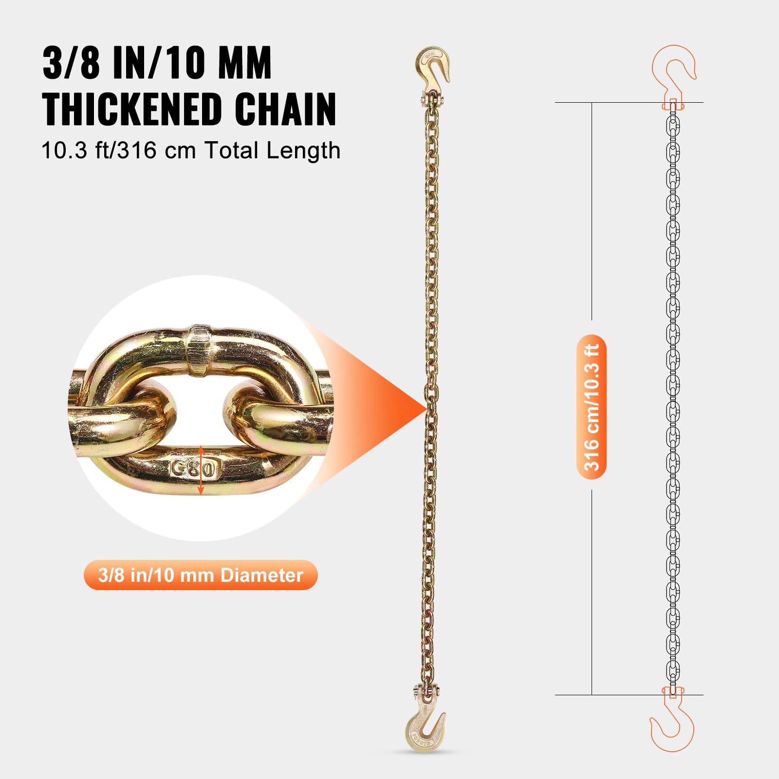Foto 5 pulgar | Cadena De Encuadernación De Transporte Vevor G80 De 3/8 X 10.3 Pies Con Ganchos Tipo Horquilla - Venta Internacional.