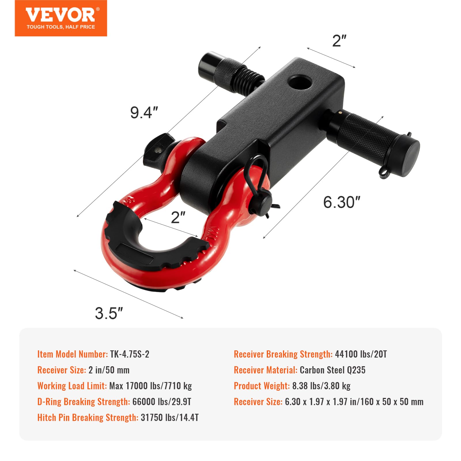 Foto 8 pulgar | Receptor Shackle Hitch Vevor Para 2 Receptores De 30 000 Kg - Venta Internacional.