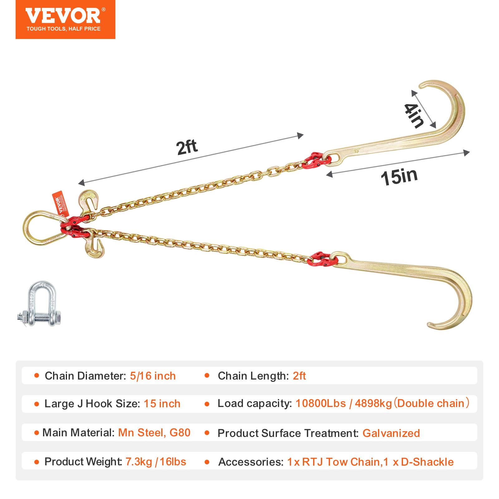 Foto 8 pulgar | Brida De Remolque Vevor G80 V 5/16 X 60 Cm Con 15 Ganchos En Forma De J - Venta Internacional.