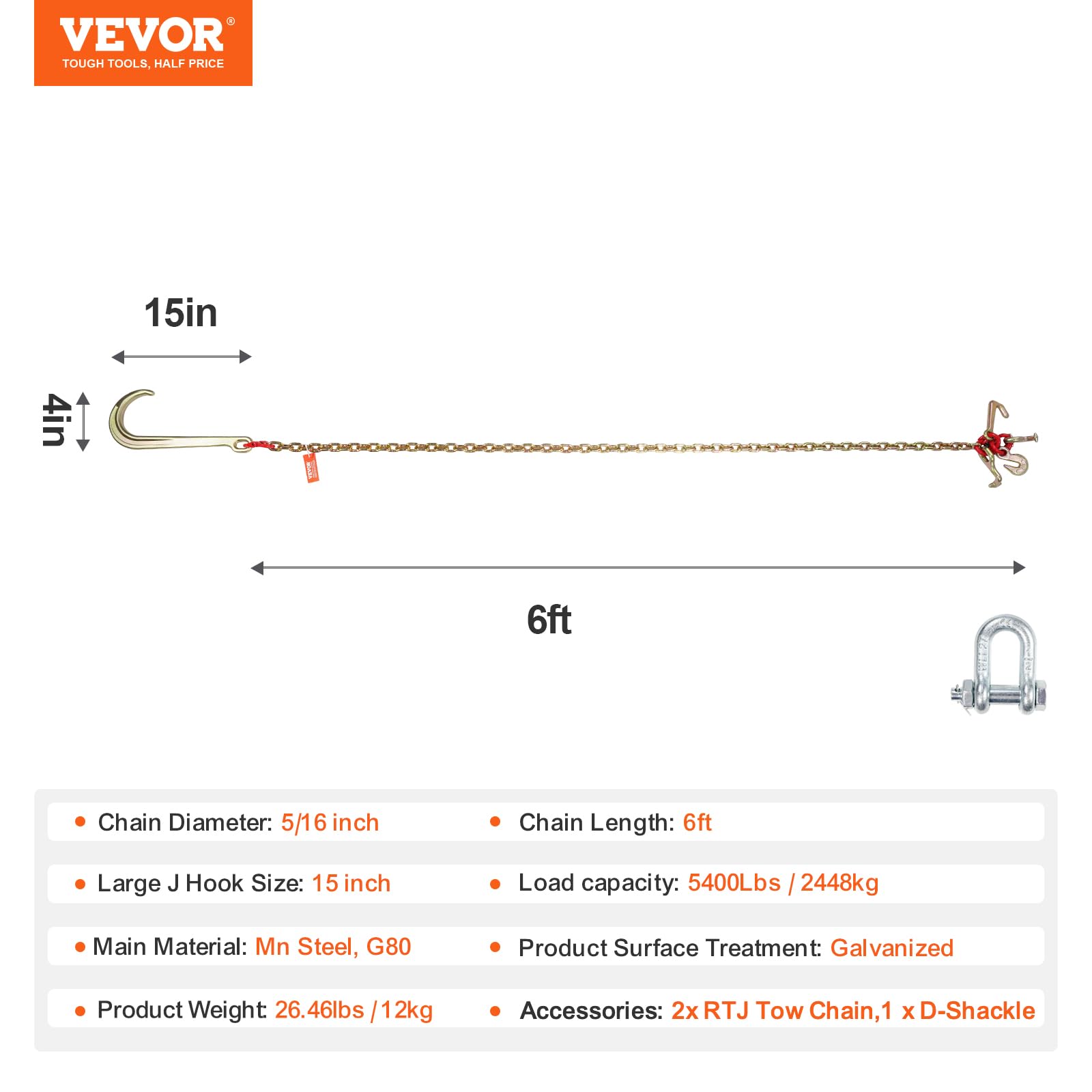Foto 8 pulgar | Cadena De Remolque Vevor J Hook, 5400 Libras, Carga De Trabajo De 5/16 X 6 Pies G80 - Venta Internacional.