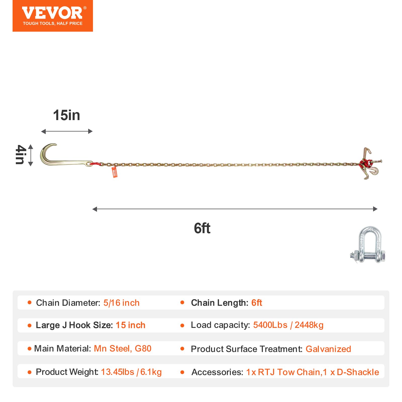 Foto 7 | Cadena Con Gancho En Forma De J Vevor G80, Mango Largo, 5400 Libras, Carga 1,9 M - Venta Internacional.