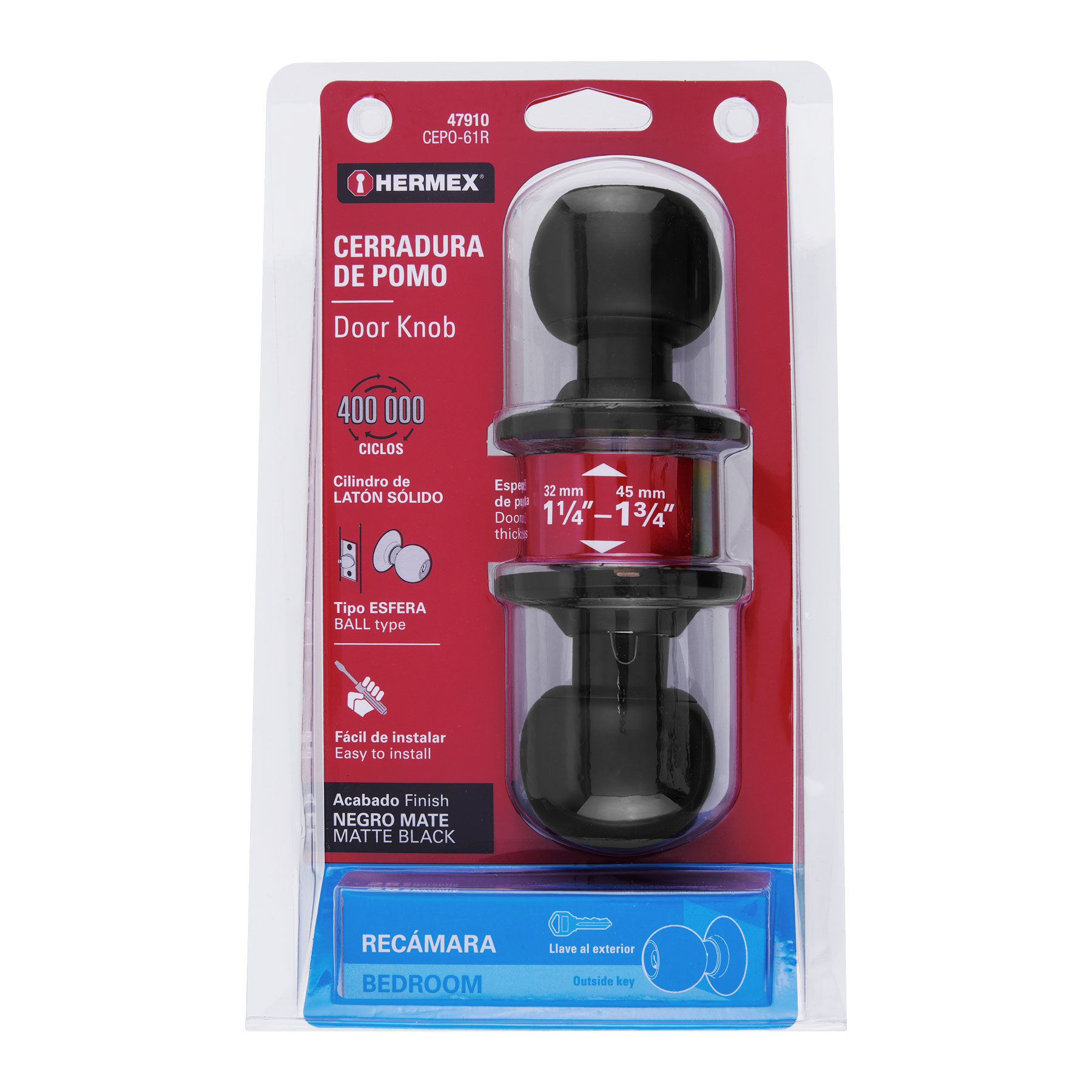 Foto 4 pulgar | Cerradura Pomo Truper CEPO-61R color Negro Esfera Recámara Hermex