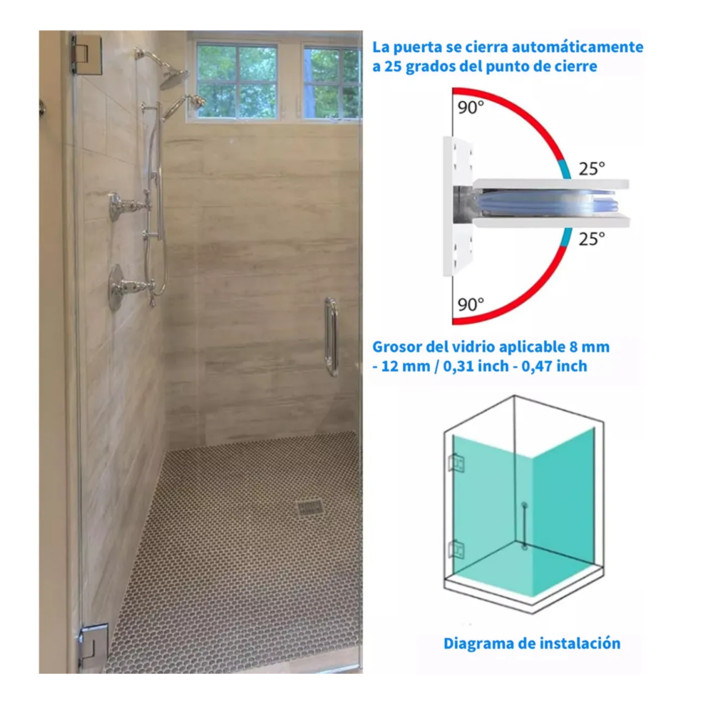 Foto 4 pulgar | 2pcs Bisagra  Belug Muro Vidrio Plata Para 8-12mm Puerta De Cristal Plata
