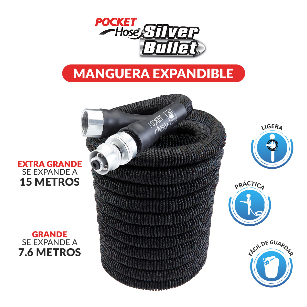 Foto 3 pulgar | Manguera Expandible De 15 Metros Tv Ofertas Pocket Hose Silver Bullet Color Negro Con Fuertes Conectores De Aluminio