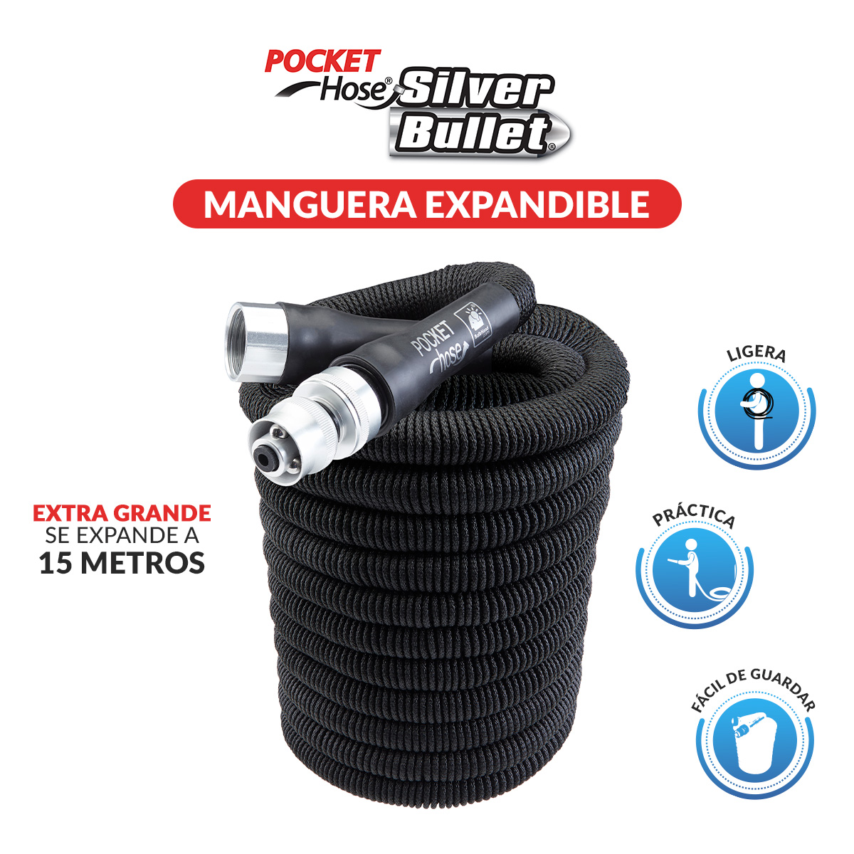 Foto 3 pulgar | Manguera 15m y Agarradera Movible Tv Ofertas Pocket Hose Y Aqua Handle Color Negro Dúo Jardín Con 6 Niveles de Intens