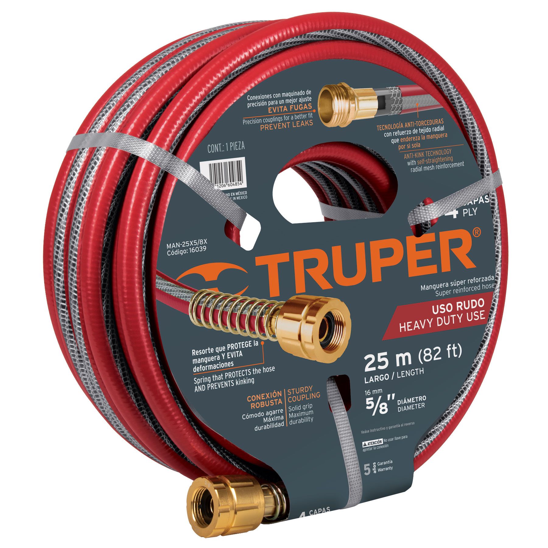 Manguera 5/8'' Super Reforzada 4 Capas Truper Conexiones Metal 25m