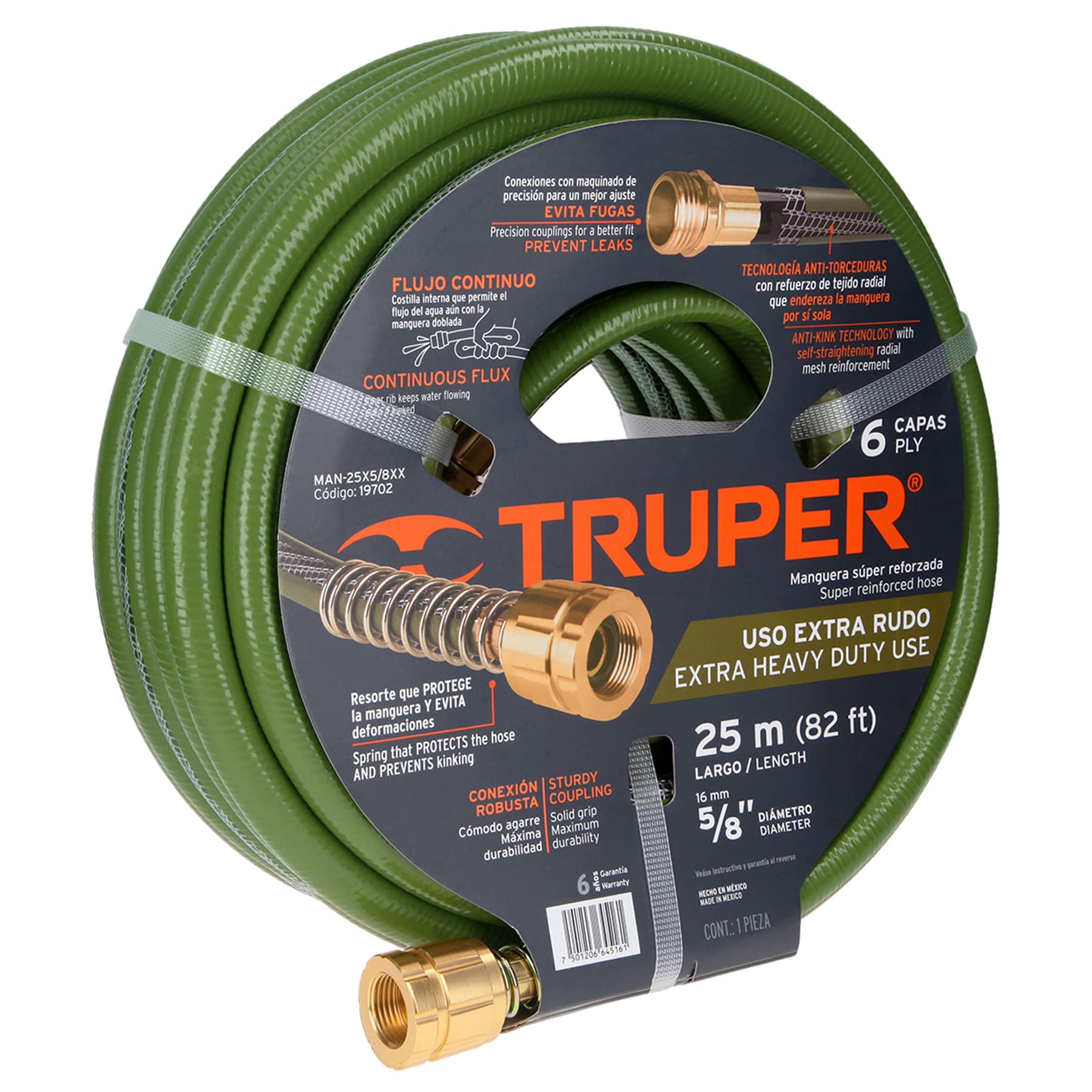 Manguera Truper MAN-25X5/8XX color Verde 5/8'' 6 Capas Conexiones Metal 25 m